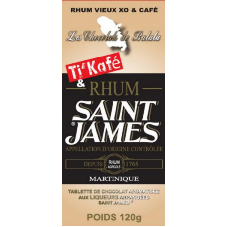 Les Chocolats de Balata Tablette Saint James Chocolat noir 72% Ganache Rhum Vieux XO et Café 120g